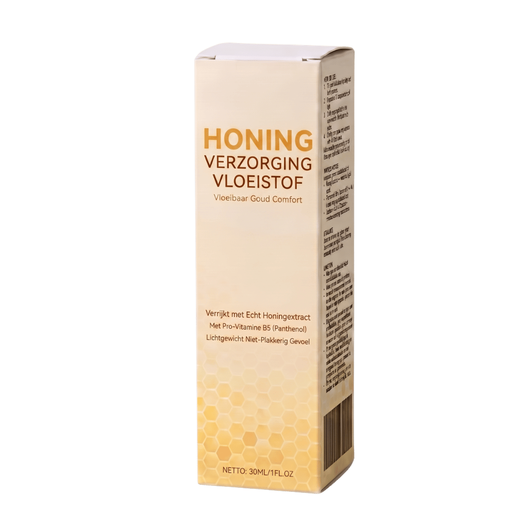 Honing Verzorgingsvloeistof verpakking met honingextract en pro-vitamine B5 voor dagelijkse huidverzorging.