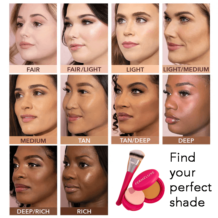 FerméLuxe Peptide Bounce Foundation met Kwast verschillende huidschaduw voorbeelden en een penseel.