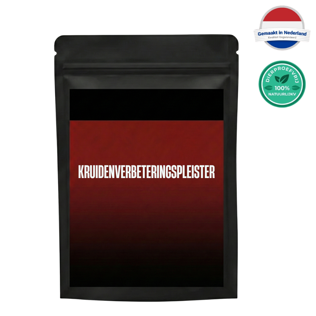 Kruidenverbeteringspleister verpakking met logo's voor kwaliteit en herkomst.