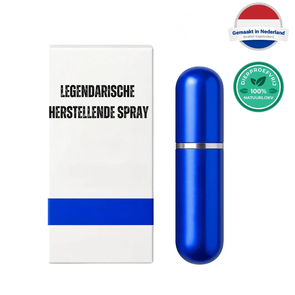 Legendarische Herstellende Spray in blauwe flacon met minimalistische verpakking voor huidverzorging.