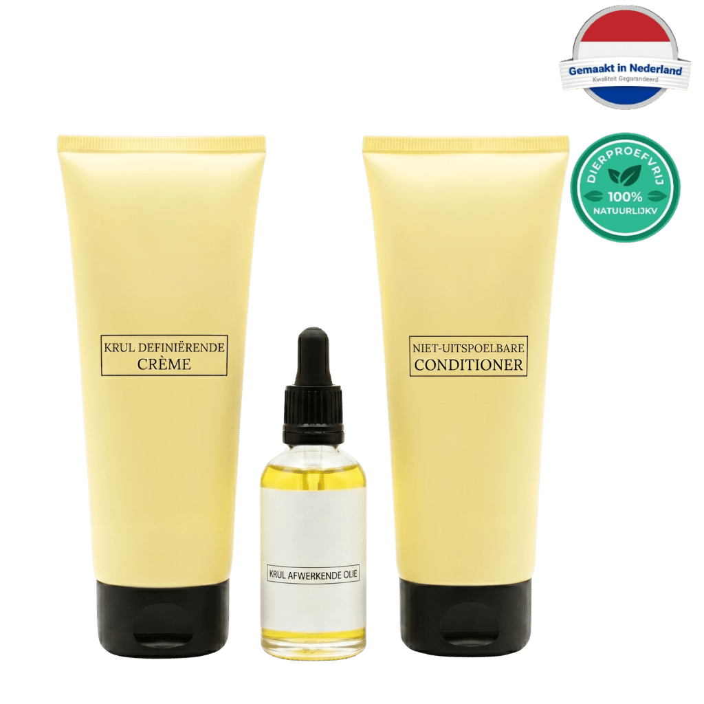 Haarverzorgingssets met krul definierende crème, niet-uitspoelbare conditioner en krul afwerkende olie.