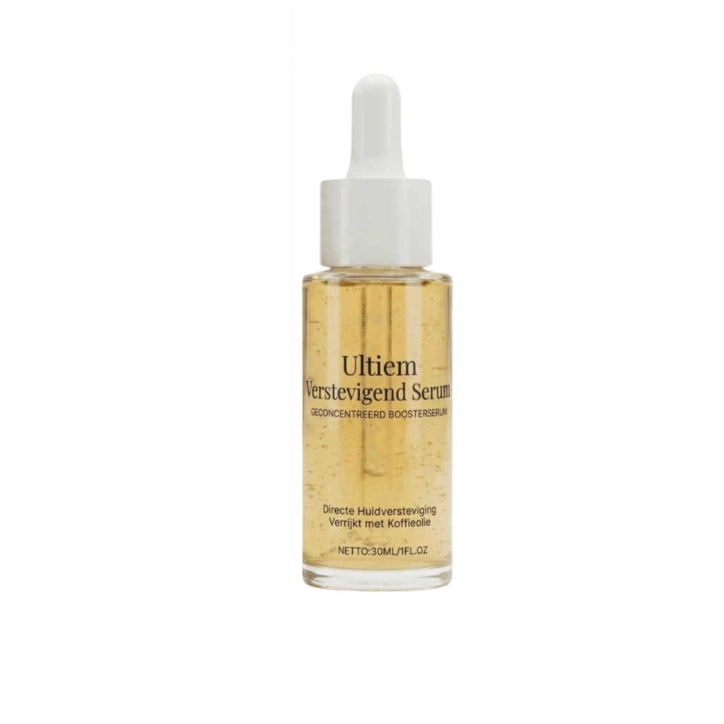 Ultra-verstevigend serum in een glazen pipetflesje met een gouden formule voor een stralende huid.
