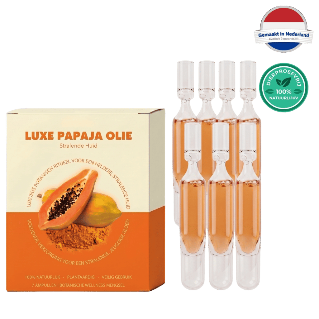 Luxe Papaja Olie verpakking met ampullen voor een stralende huid en natuurlijke hydratatie.