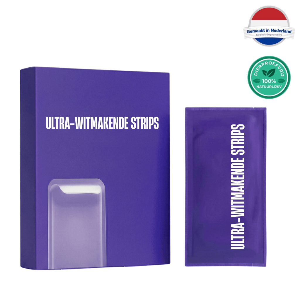 Ultra-witmakende strips verpakking met strips voor een helderdere glimlach en dagelijkse mondverzorging.