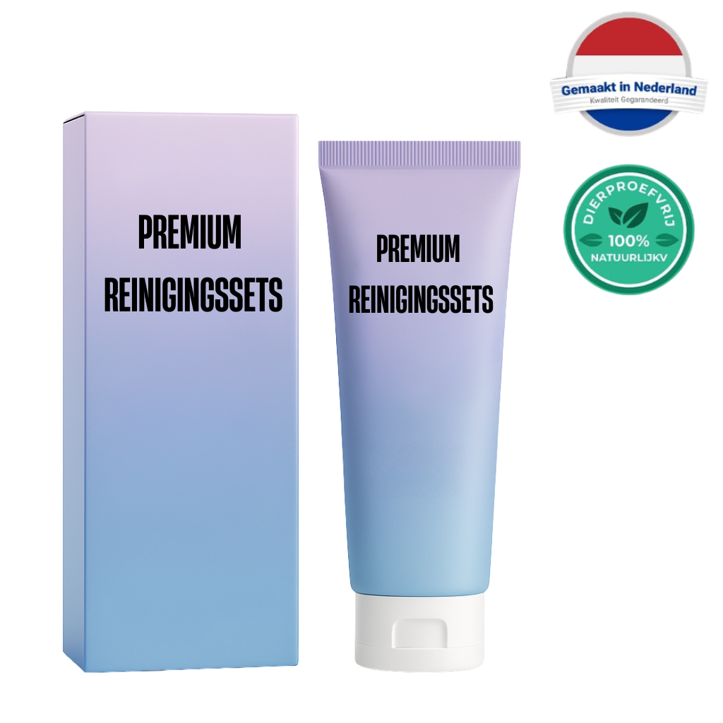 Premium Reinigingssets verpakking met tube voor stralende en gezonde huidverzorging.