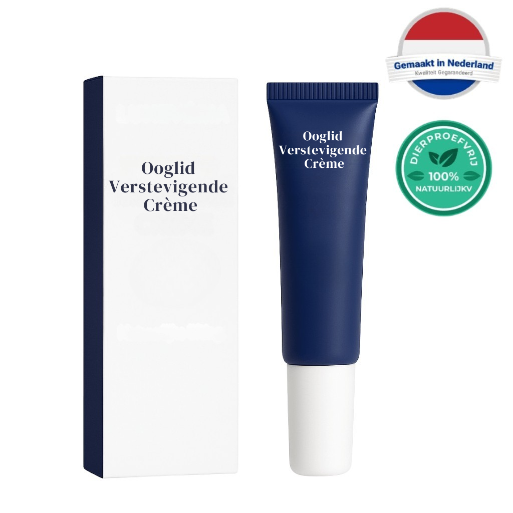 Ooglid Verstevigende Crème in een blauw tube met verpakking, perfect voor een frisse en gelifte uitstraling.