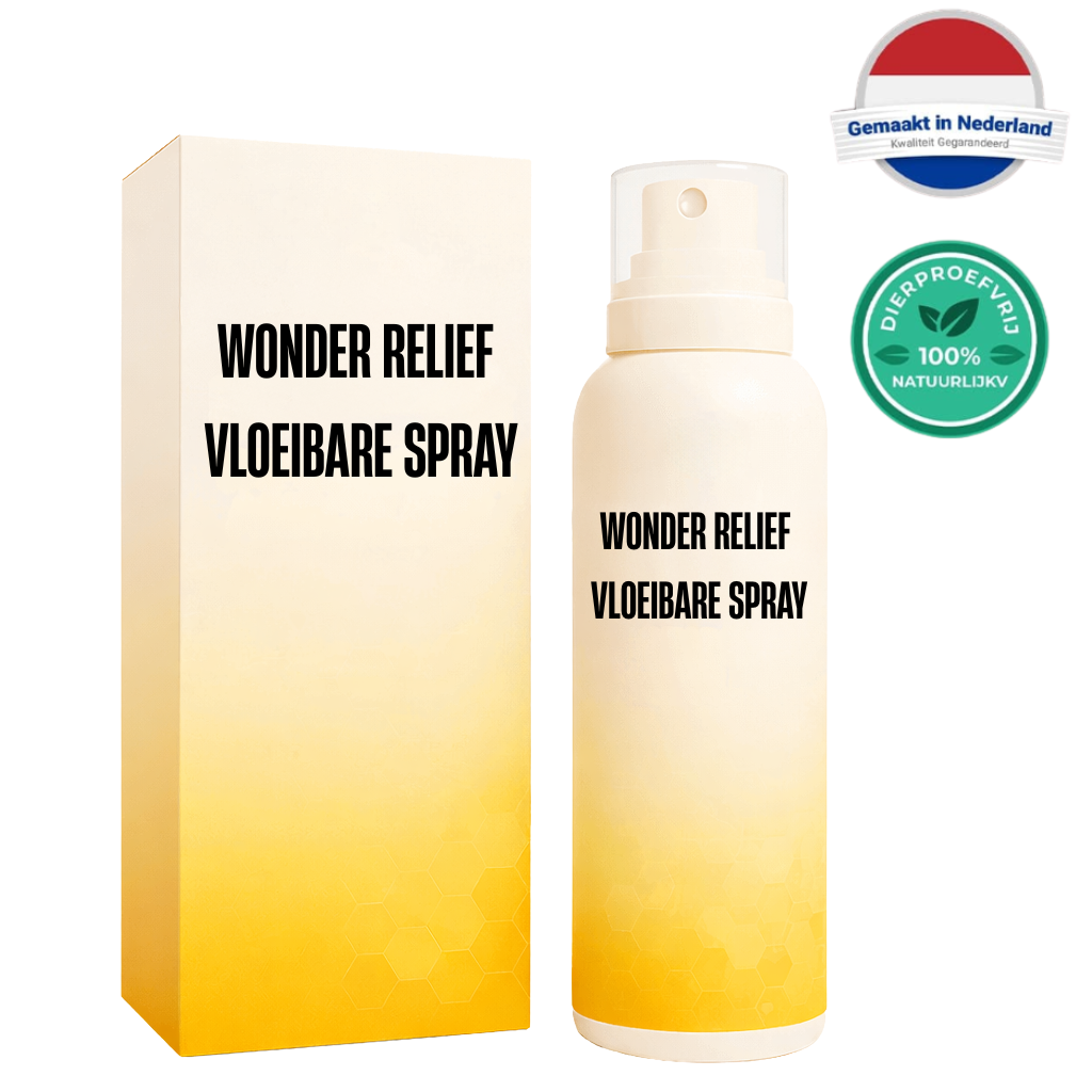 Wonder Relief Vloeibare Spray in een luxe verpakking met botanische ingrediënten en een frisse uitstraling.