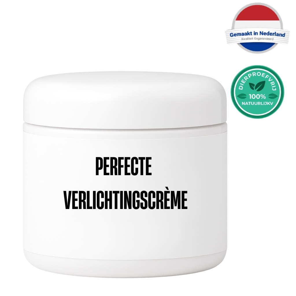 Perfecte Verlichtingscrème product in een witte pot, gemaakt in Nederland, met natuurlijke ingrediënten.