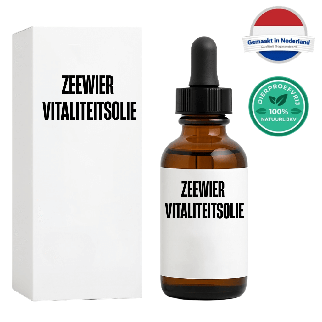 Flesje van Zeewier Vitaliteitsolie met verpakking, voor een soepele huid en stralende uitstraling.