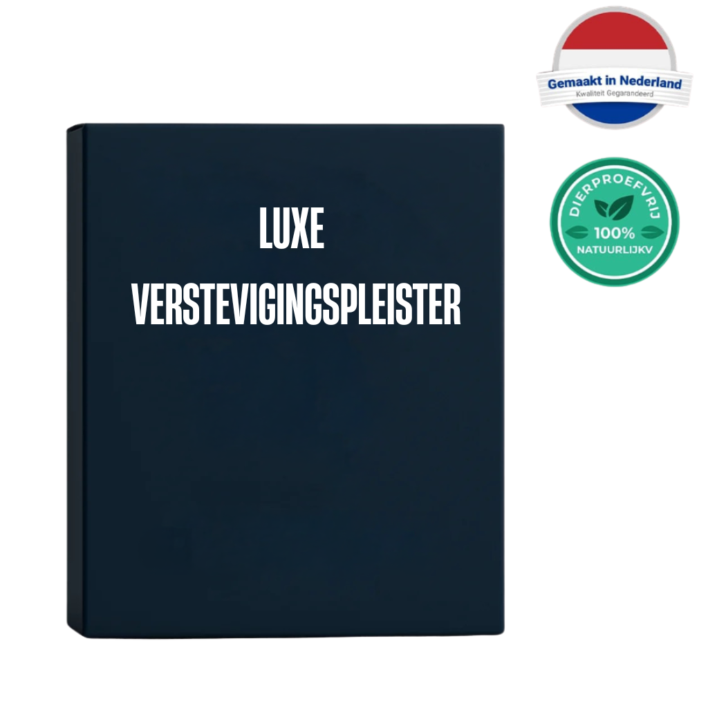 Luxe Verstevigingspleister verpakking met keurmerken voor natuurlijke ingrediënten.