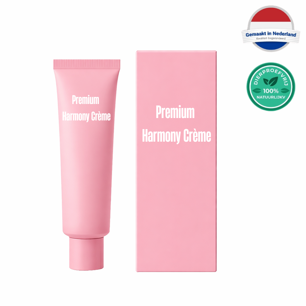 Premium Harmony Crème tube and box, soft skincare product for sensitive skin, made in the Netherlands.
