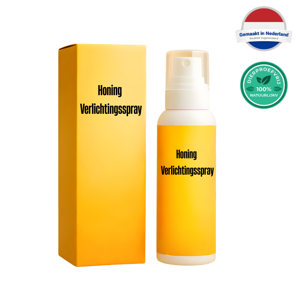 Honing Verlichtingsspray verpakking en spray flacon, verzorgend beautyproduct voor een gladdere huid.