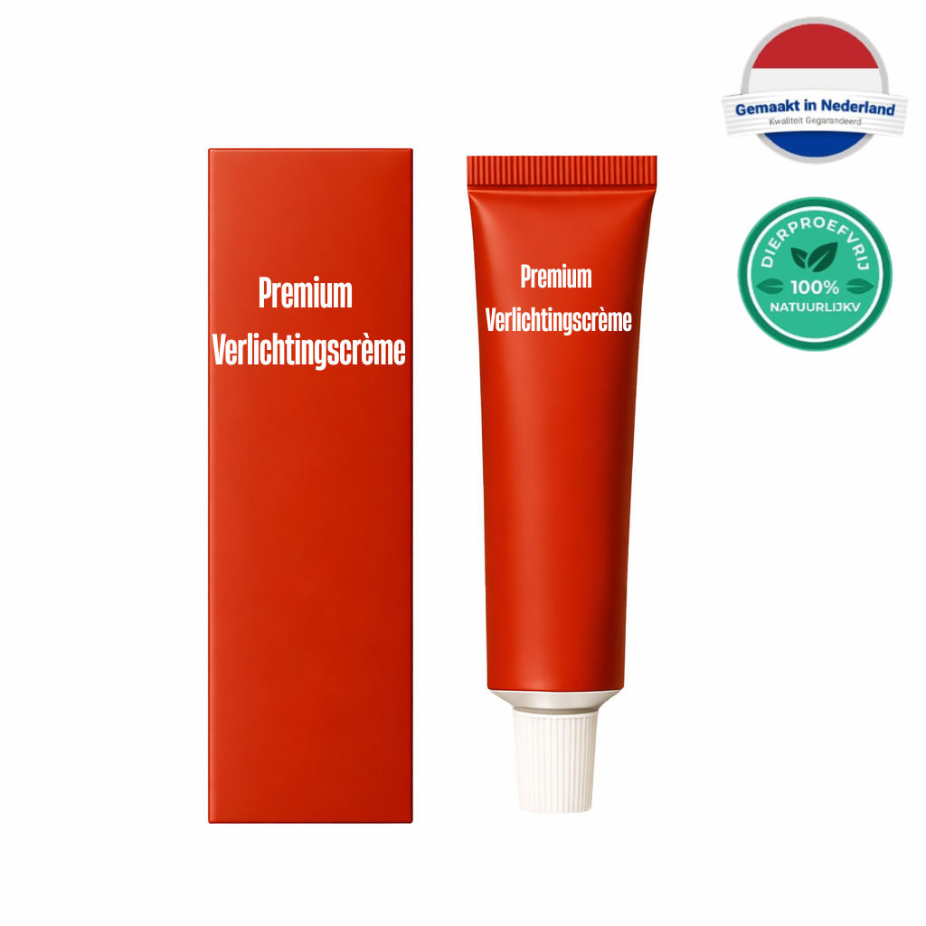 Premium Verlichtingscrème in een opvallende rode tube en doos, ontworpen voor dagelijkse huidverzorging.