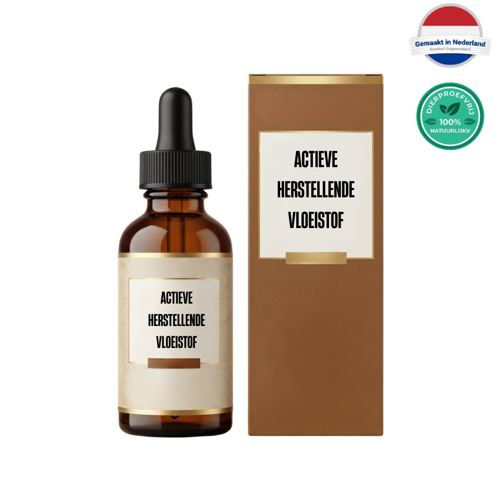 Actieve herstellende vloeistof in een glazen fles met pipet en kartonnen doos, onderdeel van dagelijkse beautyroutine.