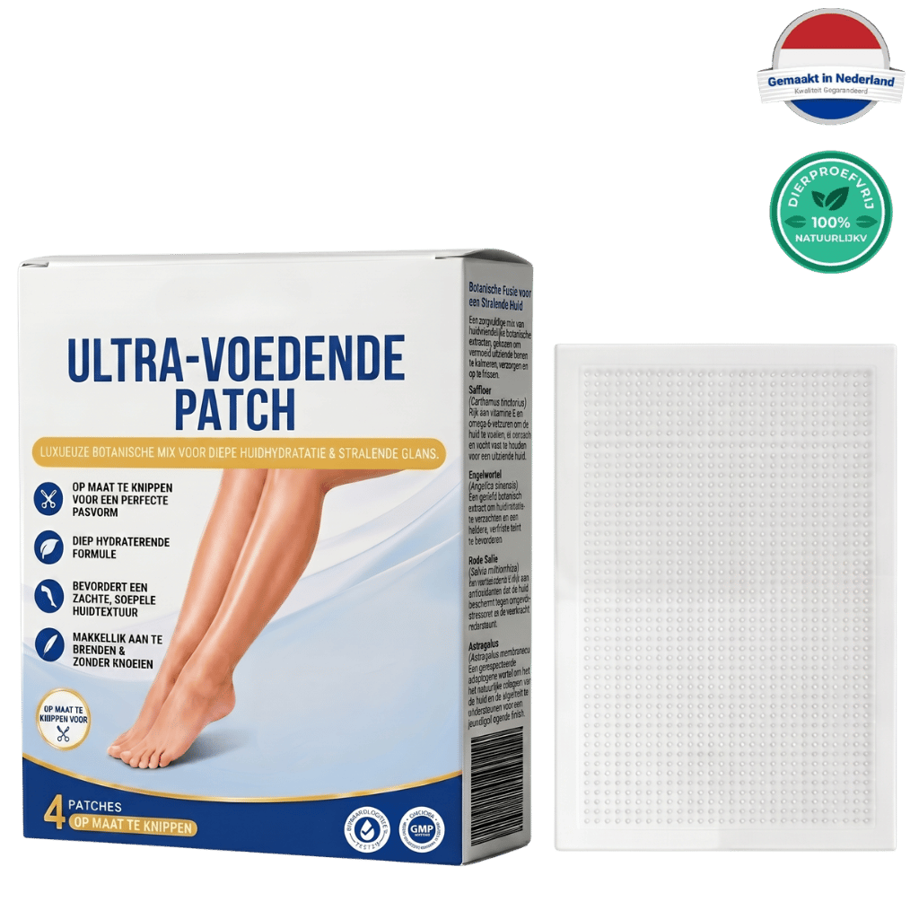 Ultra Voedende Pleister verpakking met een voet en knieën, ontworpen voor hydratatie en verzorging.