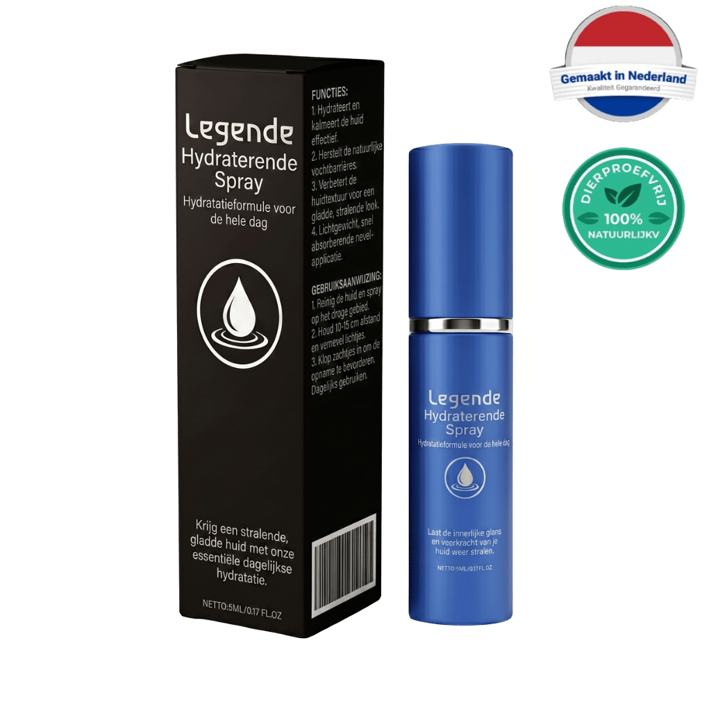 Legende Hydraterende Spray in een blauwe verpakking met hydraterende formule voor de hele dag.