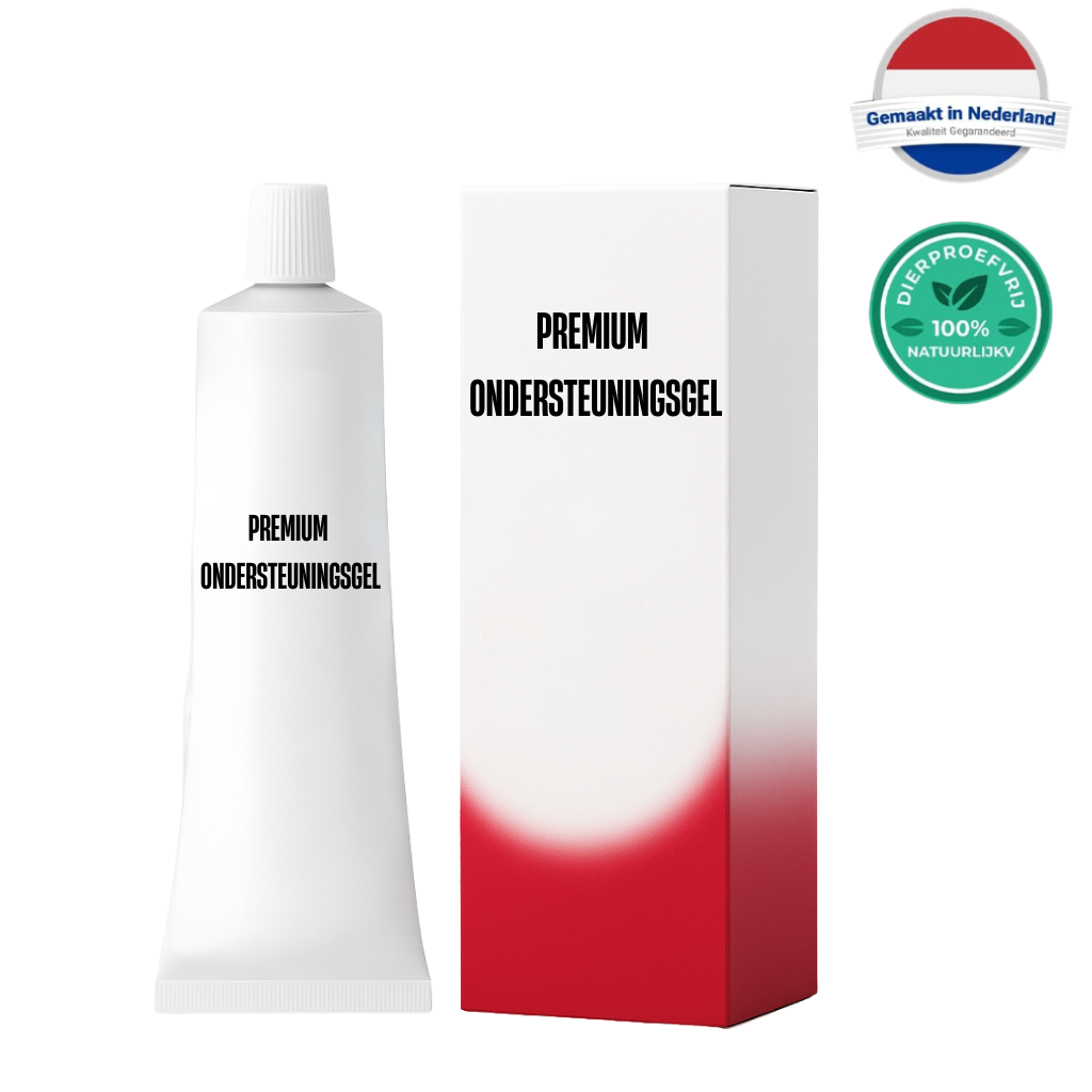 Premium Ondersteuningsgel tube en verpakking, luxe huidverzorging, egale finish.