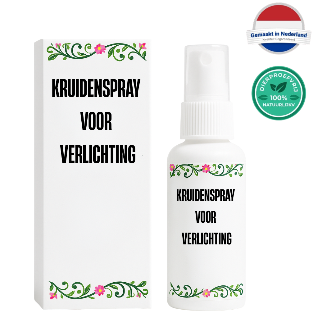 Kruidenspray voor verlichting in een verpakking met bloemen en een sprayflesje.