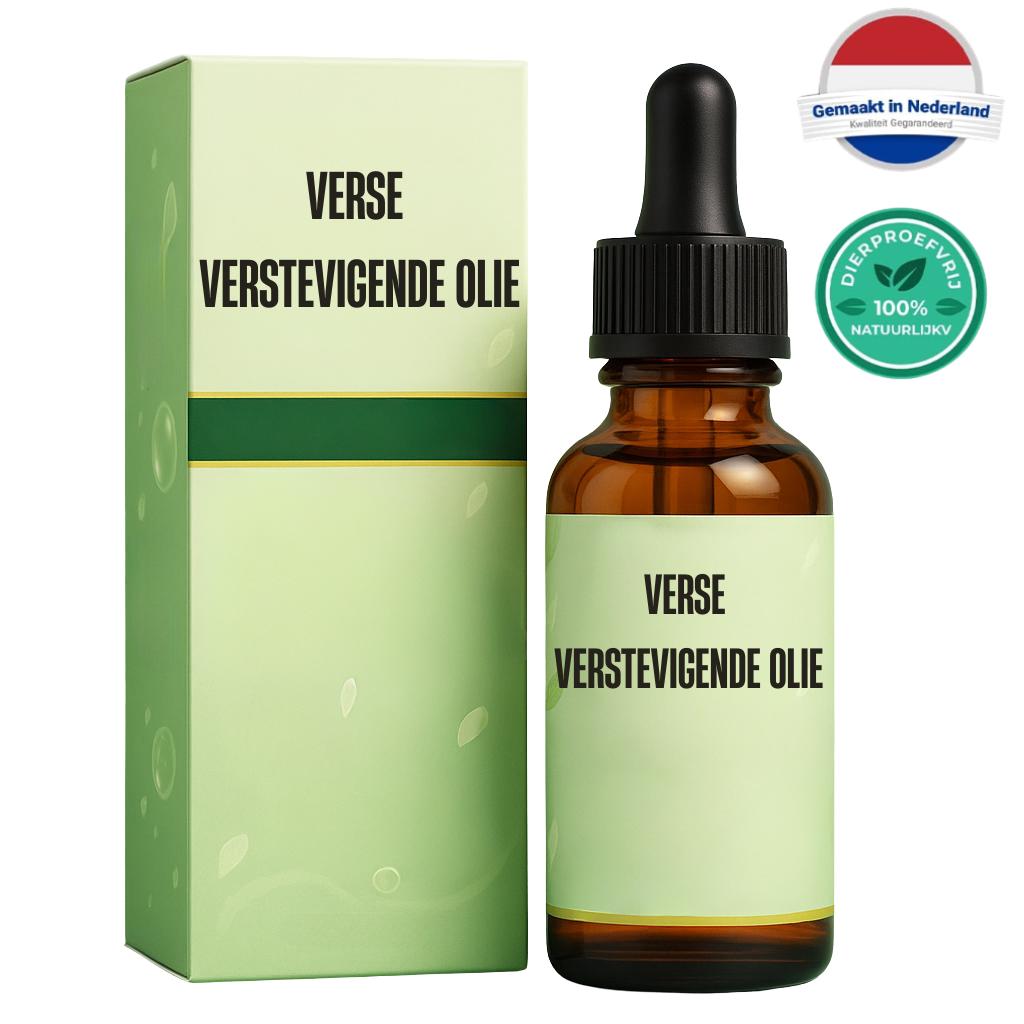 Verse Verstevigende Olie in glazen fles met pipet en groene verpakking voor dagelijkse huidverzorging.
