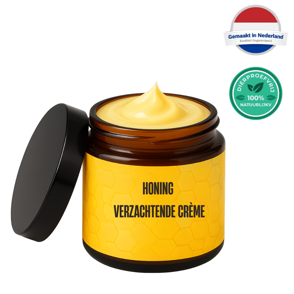 Honing Verzachtende Crème in een glazen pot met een gouden crème en een deksel.