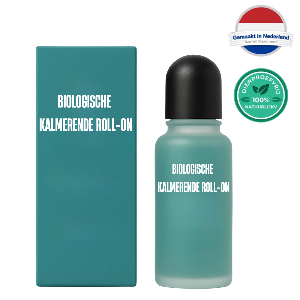 Biologische Kalmerende Roll-on verpakking en fles, voor een verfriste en verzorgde huid.