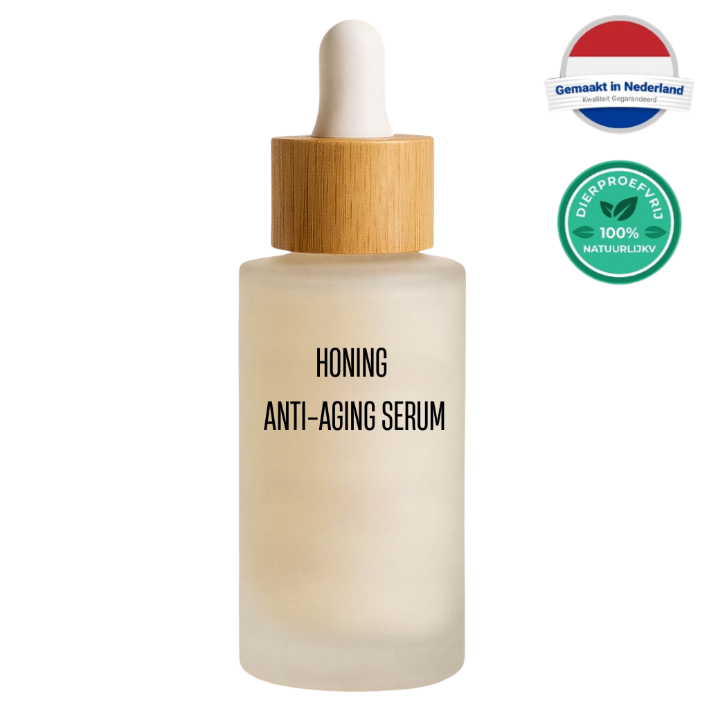 Honing anti-aging serum in a frosted glass bottle with a wooden dropper, promoting smoother skin.