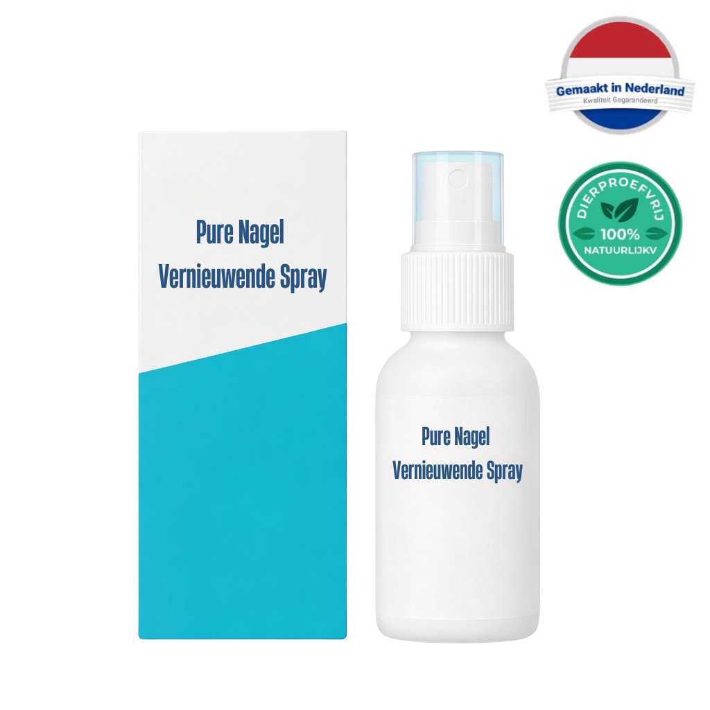 Pure Nagel Vernieuwende Spray in sprayflacon met blauwe verpakking en keurmerken.