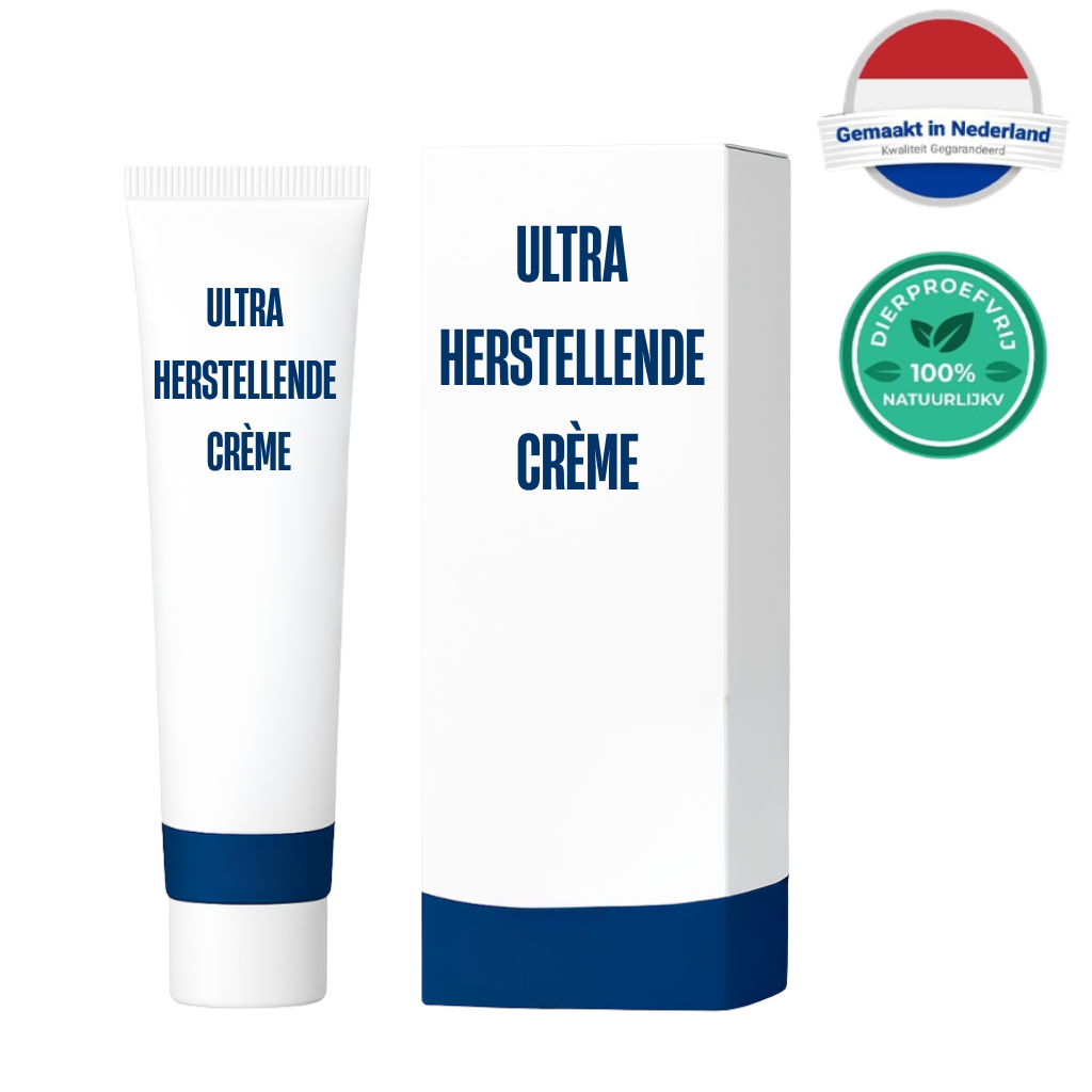 Ultra herstellende crème in tube en verpakking, ontwikkeld voor huidverbetering en verzorging.