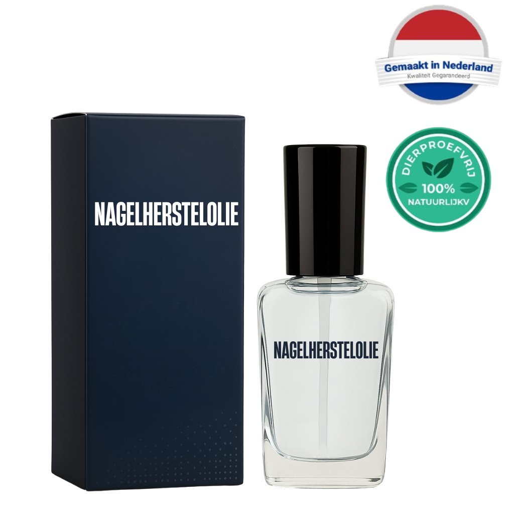 Zicht op Nagelherstelolie fles en verpakking, een luxueuze nagelolie voor stralende nagels.