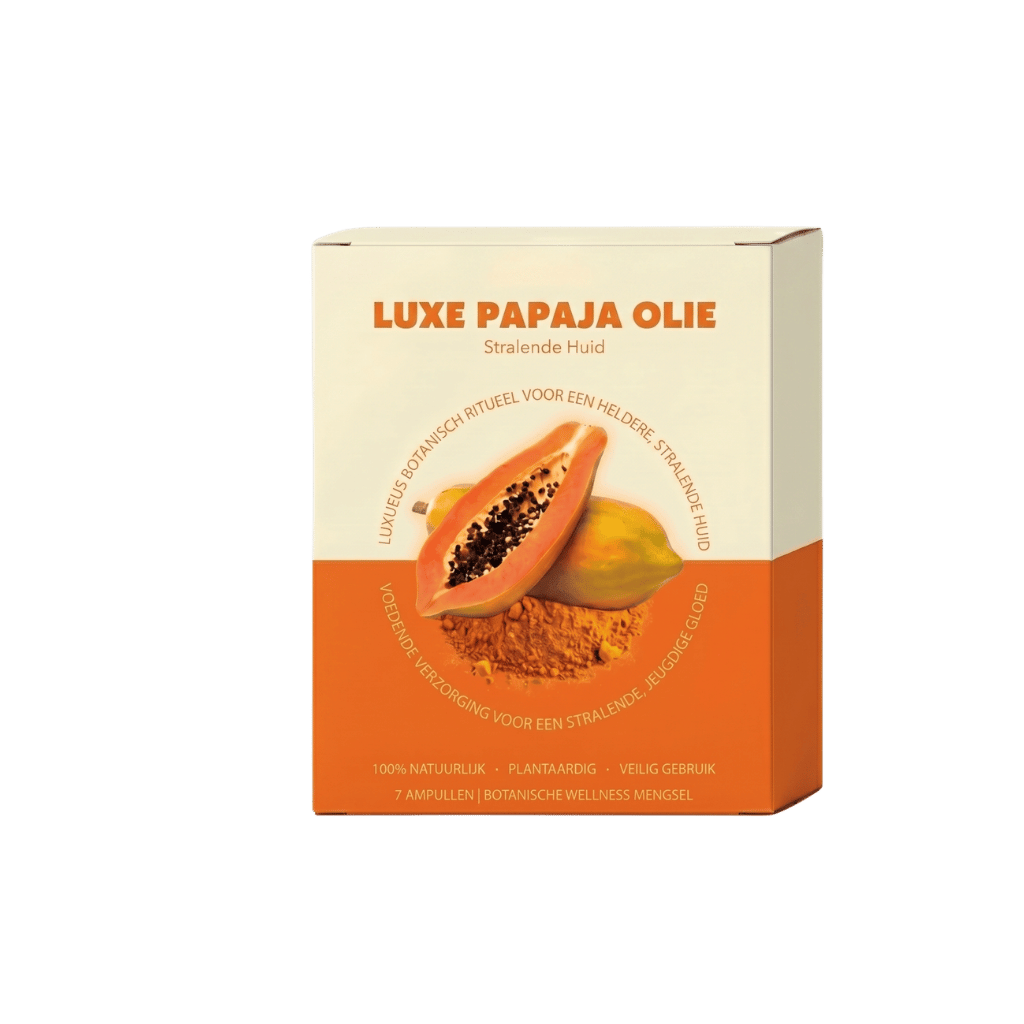 Luxe Papaja Olie verpakking voor stralende huid en huidverzorging met natuurlijke ingrediënten.