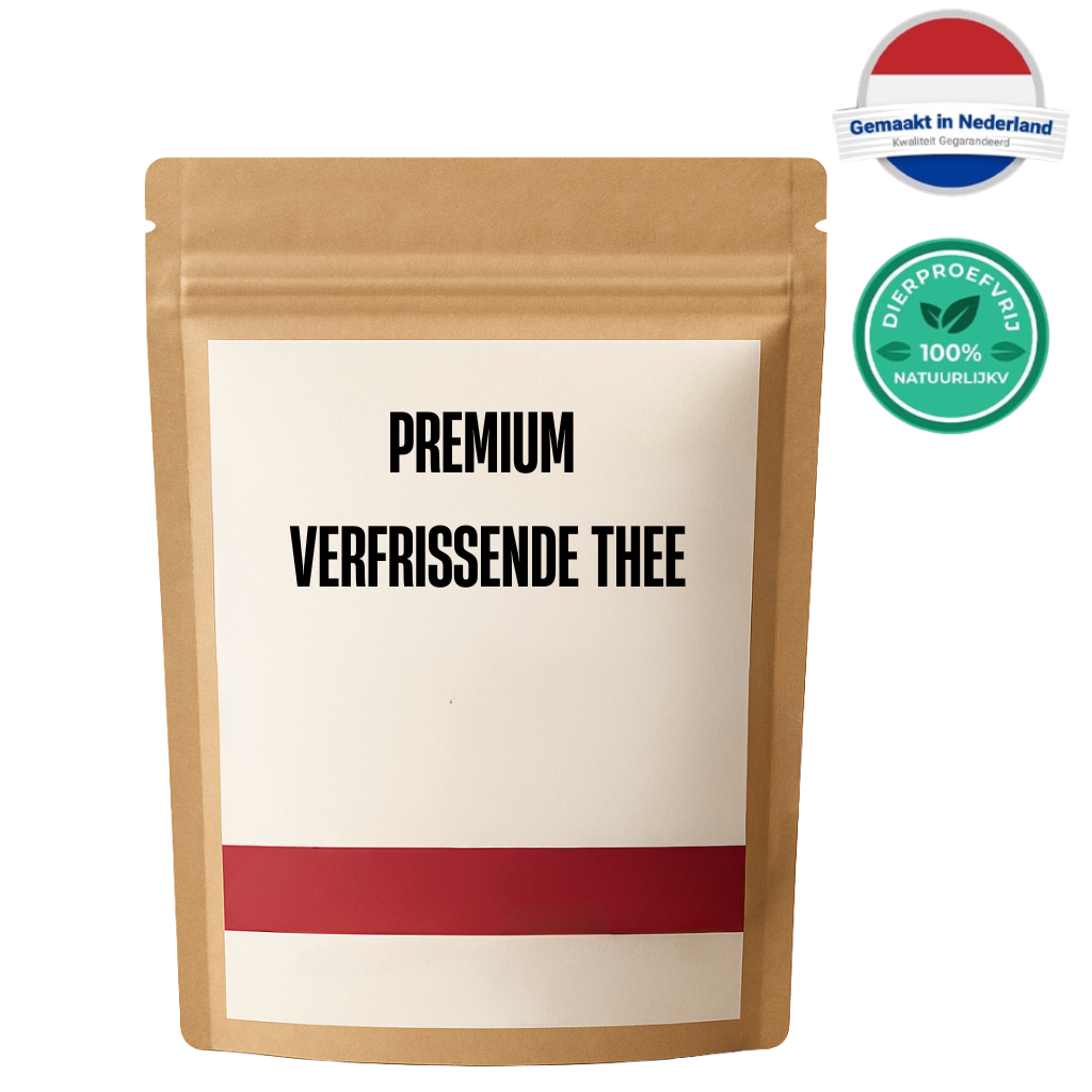Premium Verfrissende Thee verpakking met duurzame keurmerken en een rustgevend ontwerp.