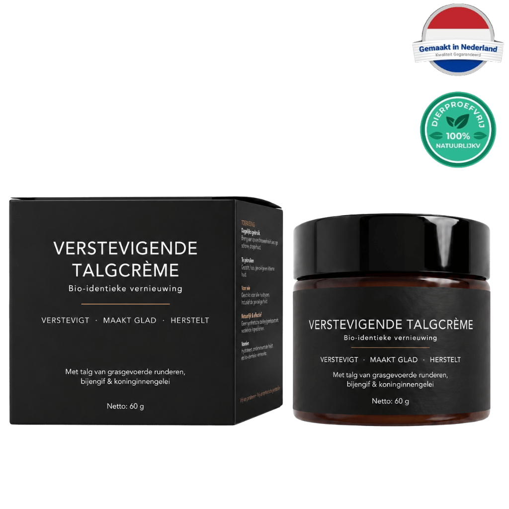 Verstevigende talgcrème verpakking en pot voor huidverzorging, zichtbaar stevigere uitstraling, gemaakt in Nederland.