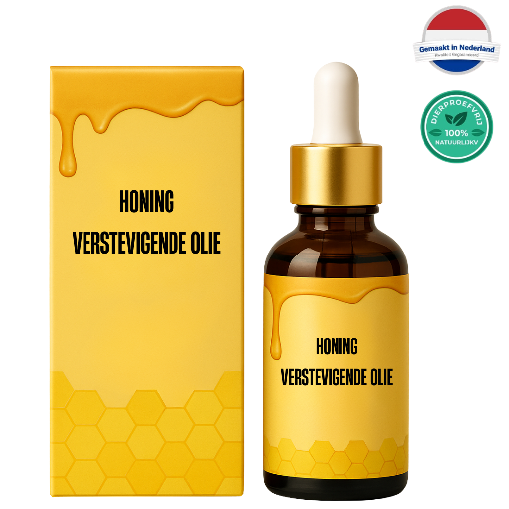 Honing Verstevigende Olie serum in een fles met verpakking voor intensieve huidverzorging.