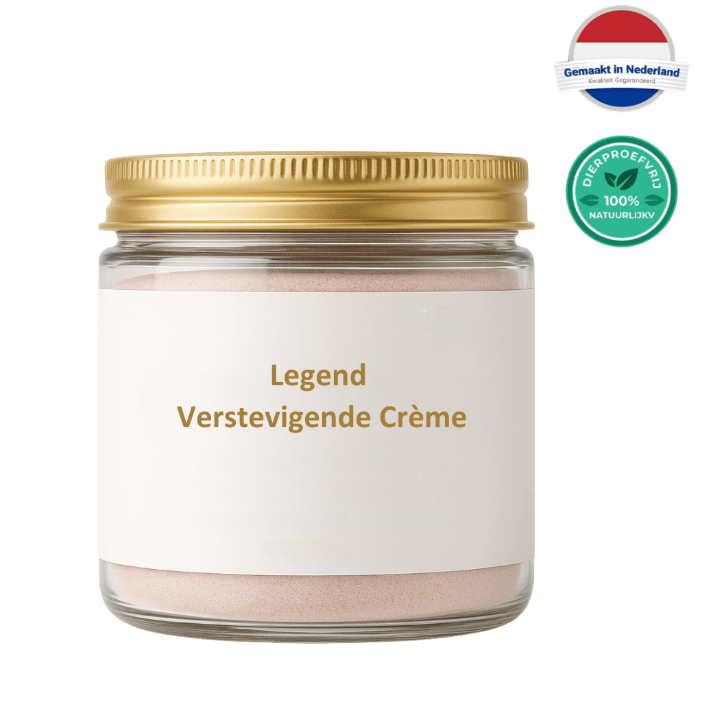 Legend Verstevigende Crème in een glazen potje met gouden deksel, gemaakt in Nederland.