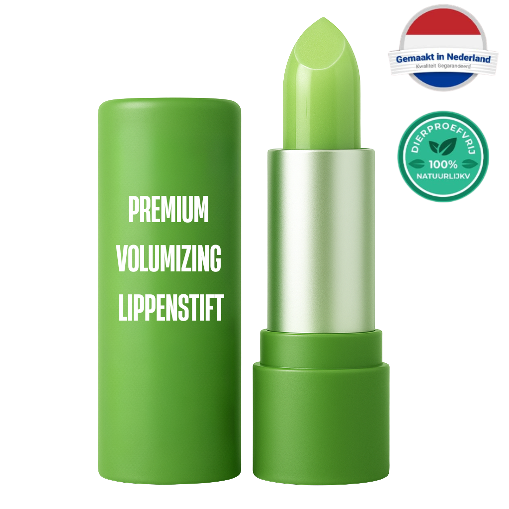 Premium Volumizing Lippenstift in groene lipstickhuls, ontworpen voor een voller-ogende finish.