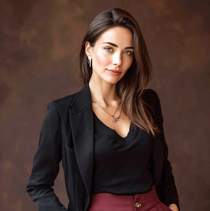 Professionele uitstraling van een vrouw in zwarte blazer en elegante top, met een natuurlijke schoonheid.