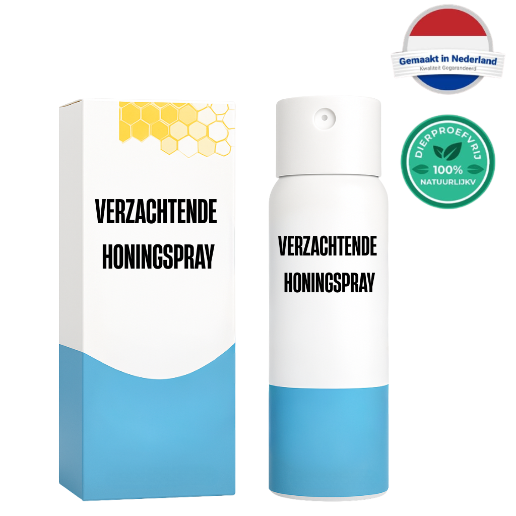 Verzachtende Honingspray verpakking en sprayfles voor huidverzorging in Nederland gemaakt.