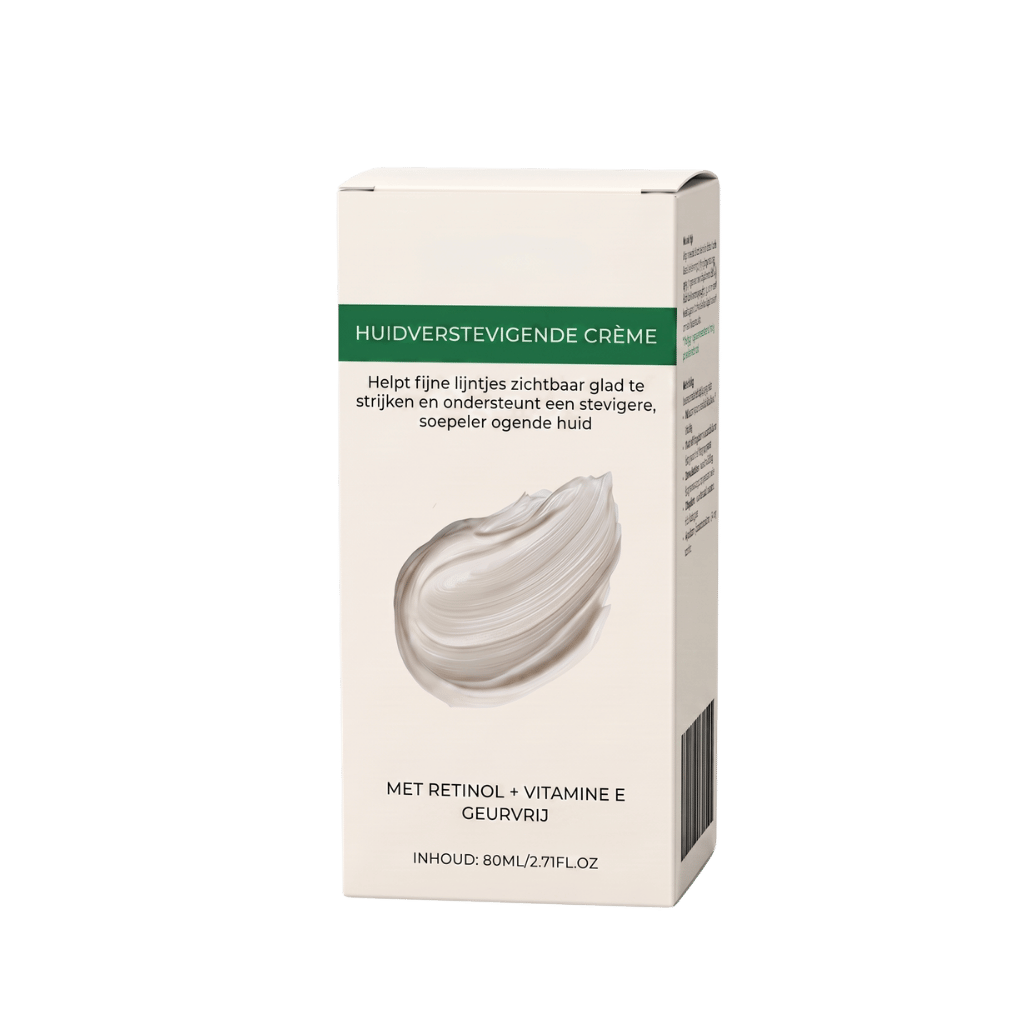 Huidverstevigende lotion verpakking met informatie over het product en ingrediënten, zoals Retinol en Vitamine E.