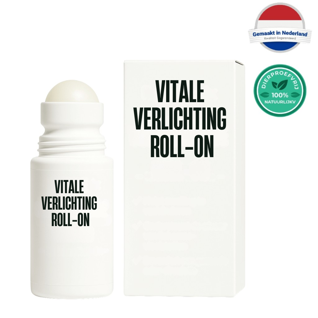 Vitale Verlichting Roll-On product met verpakking, biedt verfrissende huidverzorging voor een energiek gevoel.