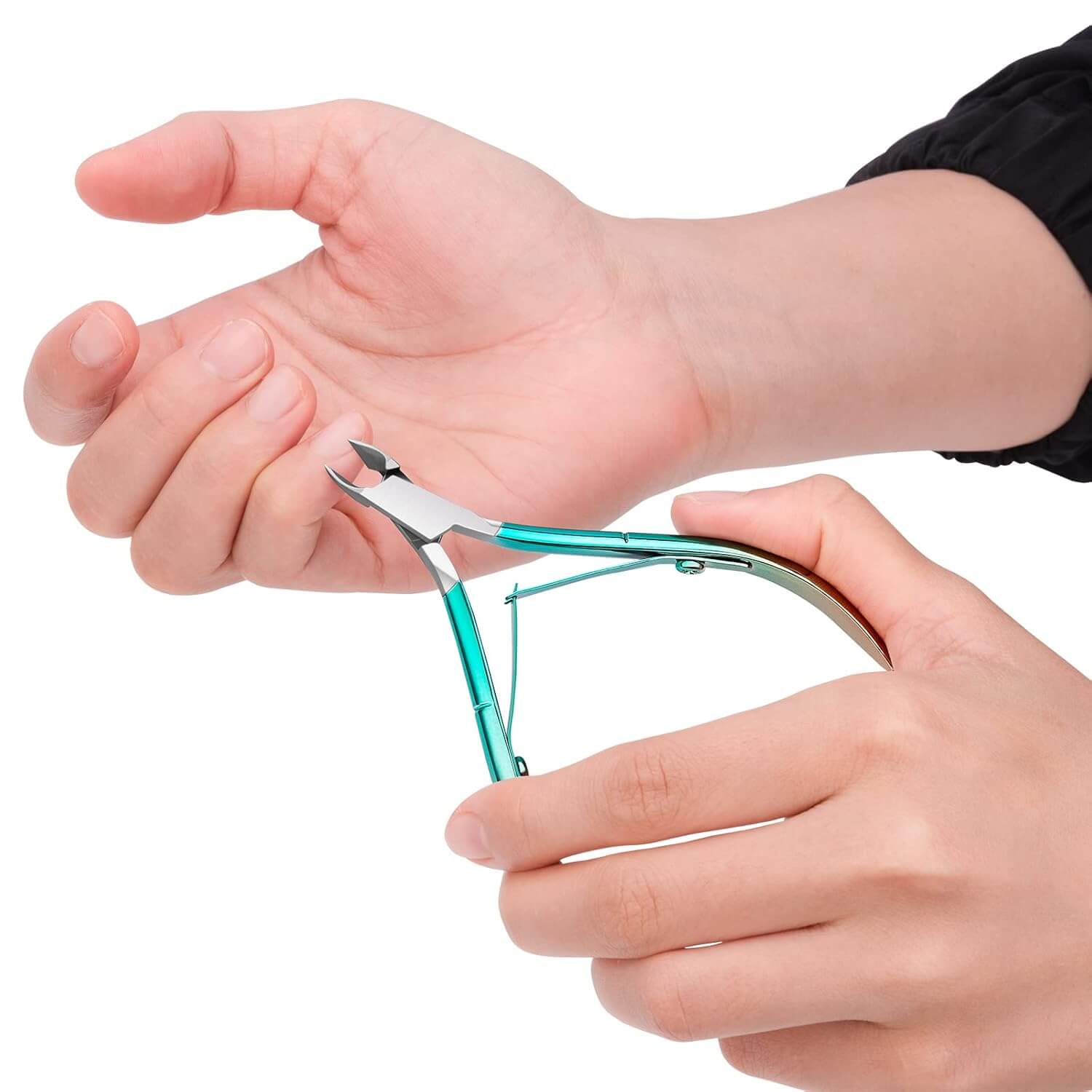 Jovyx PrecisionTrim – Cuticula Trimmer in use for neat nail care with sharp stainless steel design.