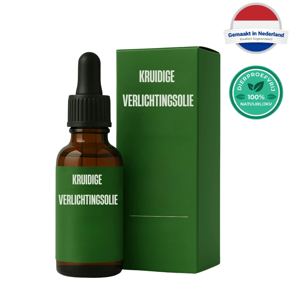 Flesje Kruidige Verlichtingsolie met groene verpakking, ontworpen voor een stralende huid.