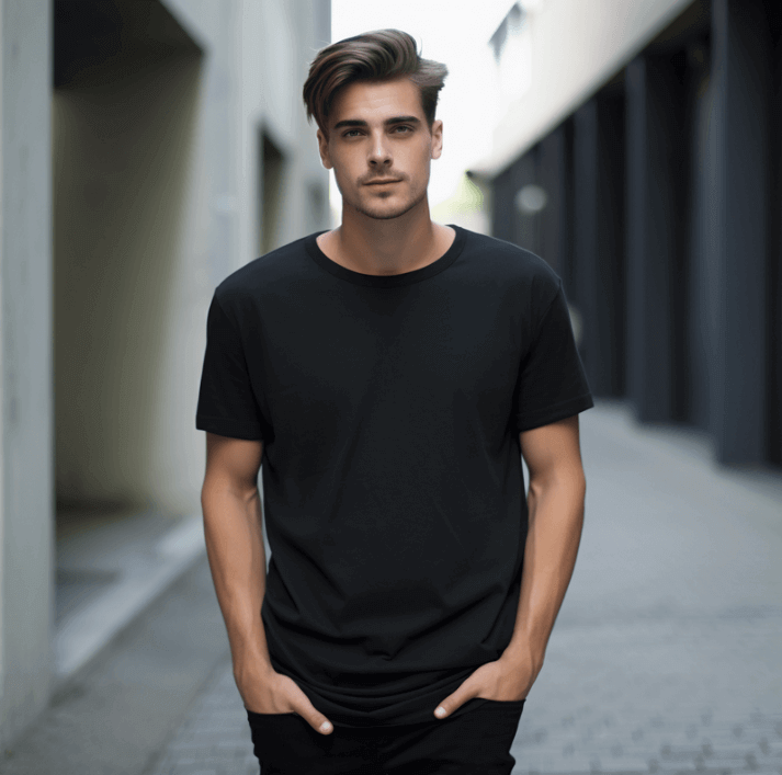 Man in black t-shirt standing confidently in a modern urban setting.