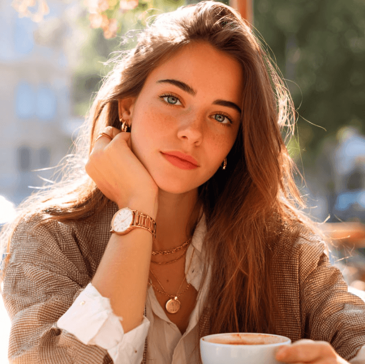 Jonge vrouw met bruin haar in een café, genietend van een drankje met een stijlvolle outfit en accessoires.