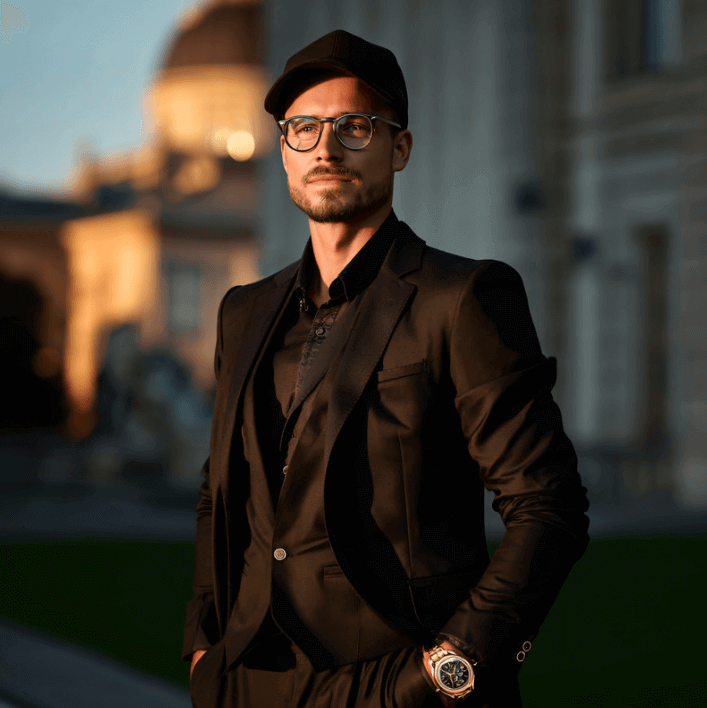 Stijlvolle man in zwart pak met pet en bril, staand in een elegante omgeving tijdens gouden uur.