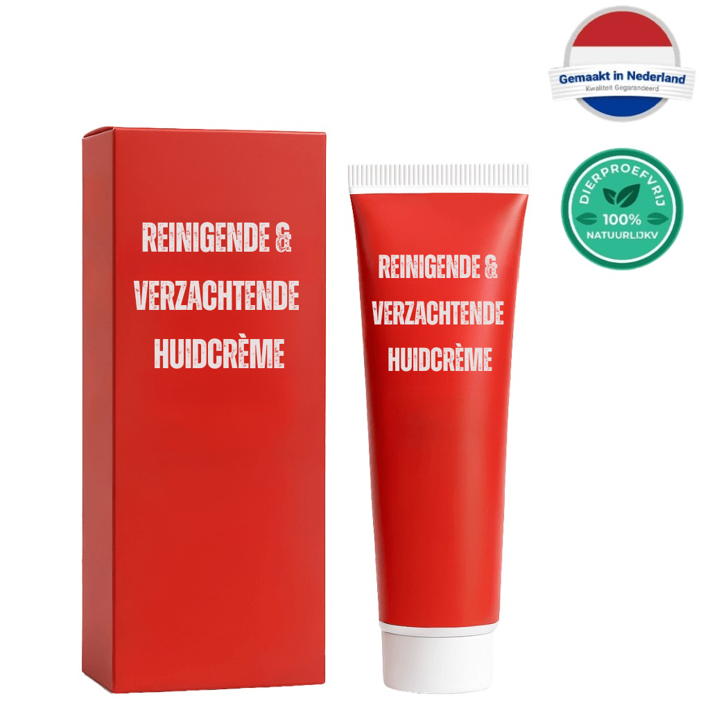 Verpakking van de Reinigende & Verzachtende Huidcrème in een rode tube en doos.