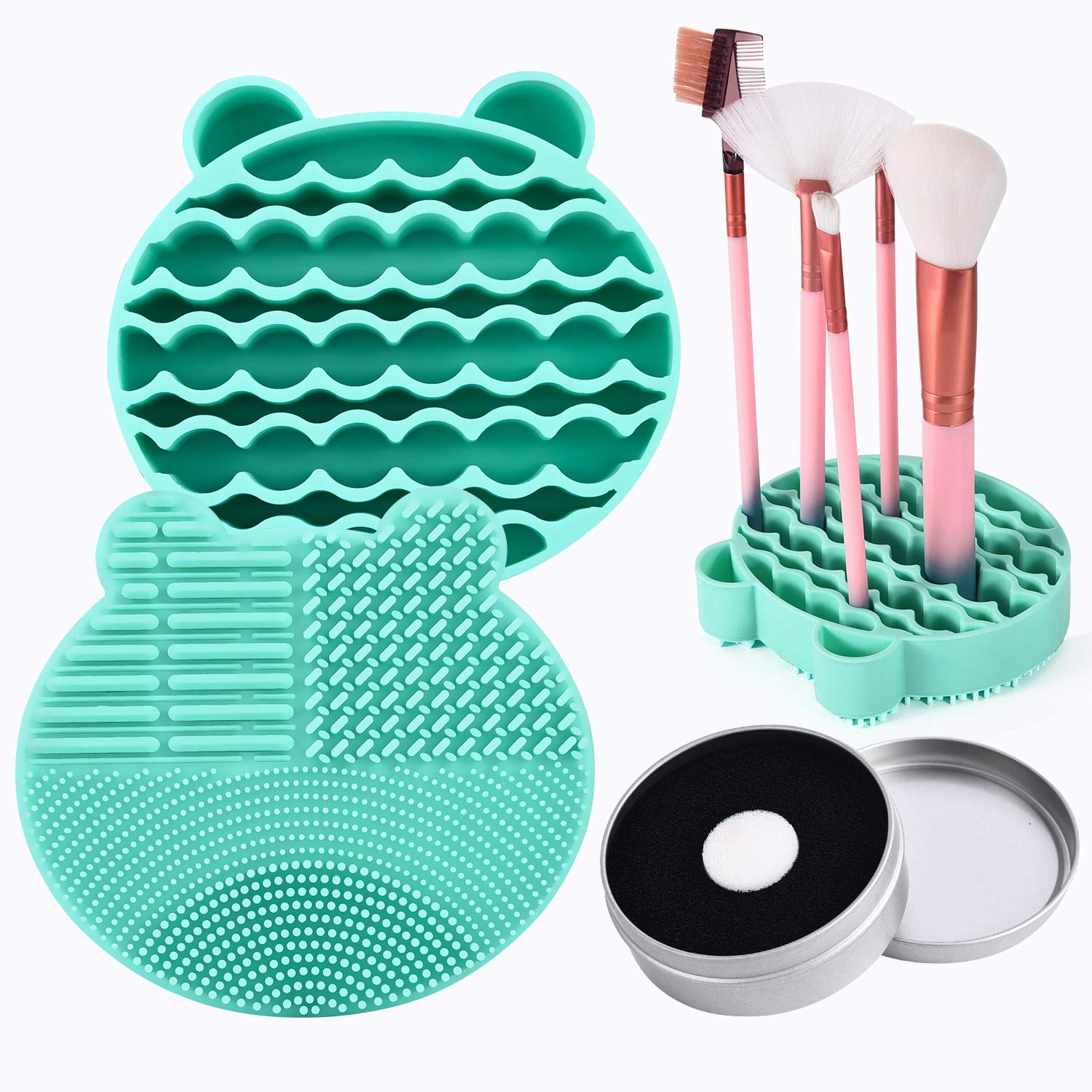 Jovyx CleanMat – Siliconen Make-upborstelreiniger met borstels en reinigingsmat in turquoise.