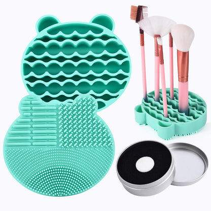 Jovyx CleanMat – Siliconen Make-upborstelreiniger met borstels en reinigingsmat in turquoise.