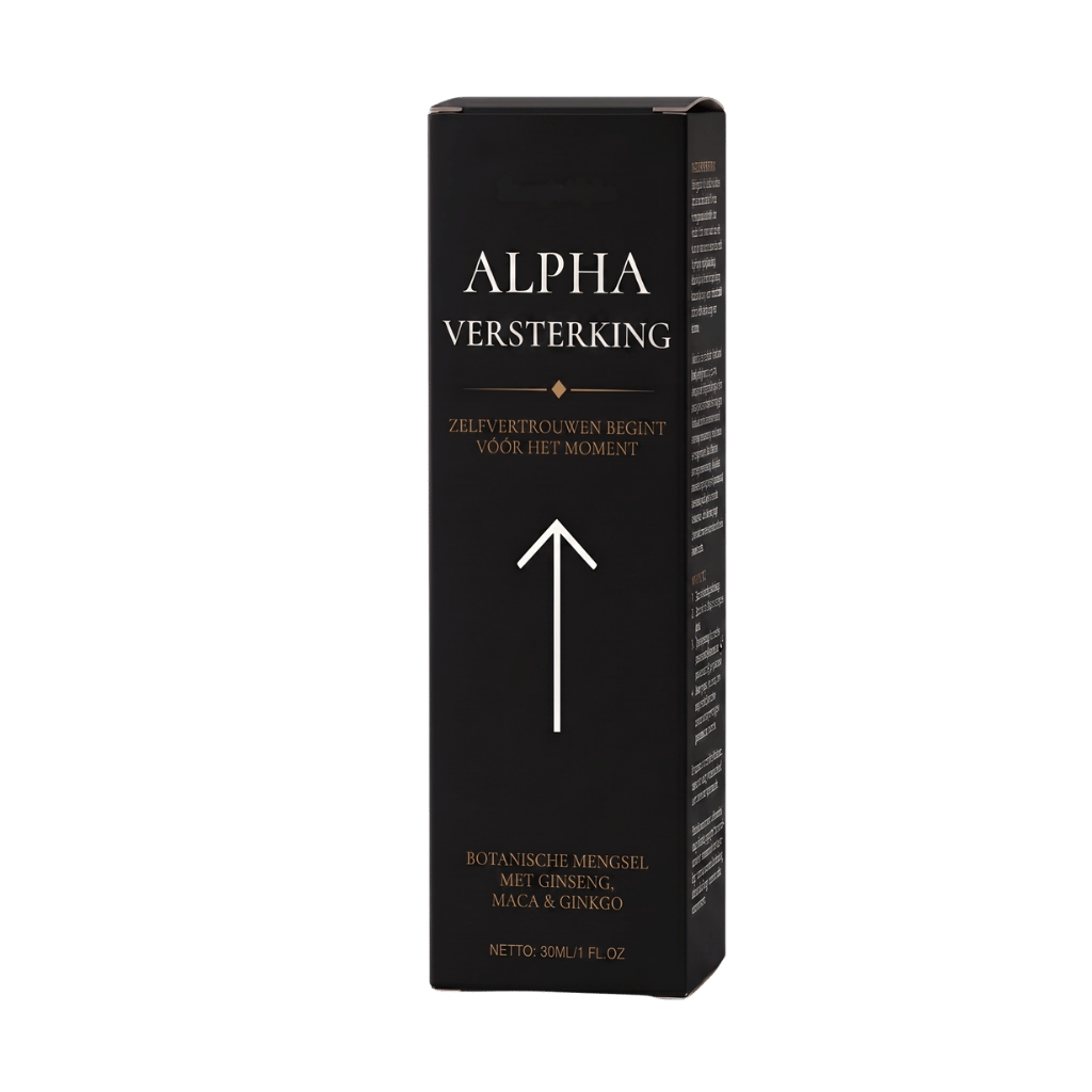 Verpakking van ALPHA VERSTERKING, een botaniese mengsel voor zelfvertrouwen en vitaliteit.