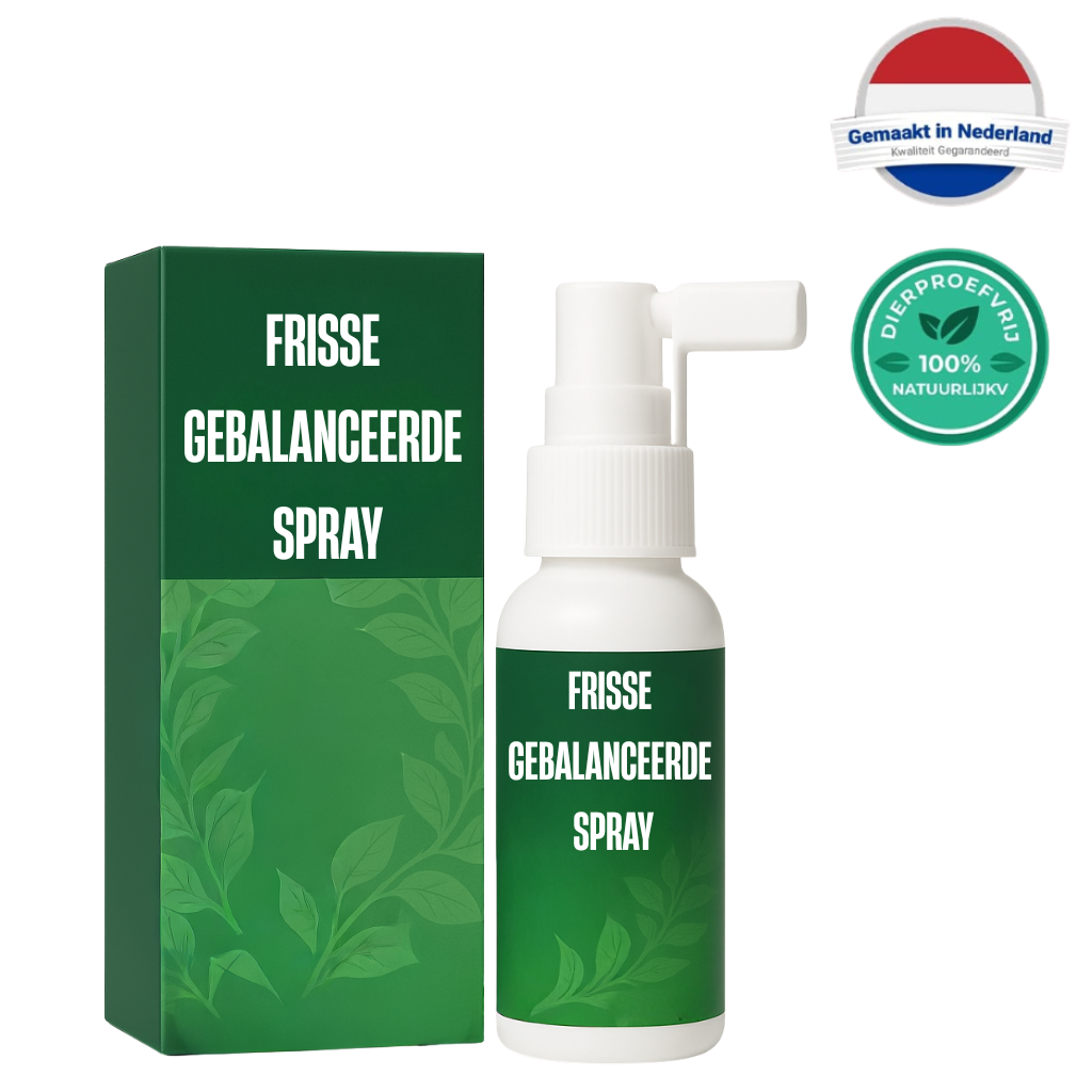 Fles en verpakking van Frisse Gebalanceerde Spray, een dagelijkse spray voor een stralende huid.