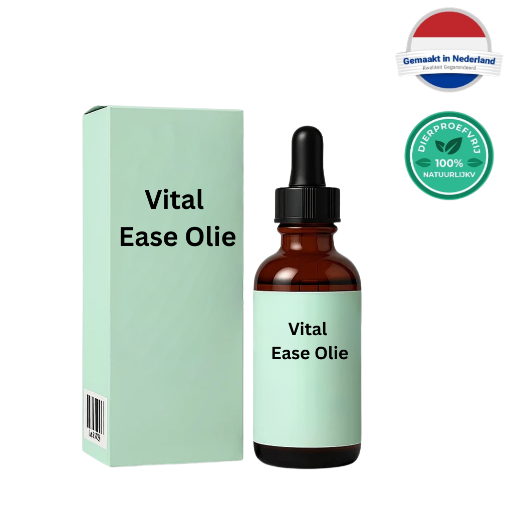 Fles en doos van Vital Ease Olie, een natuurlijk beautyproduct voor een gladde en frisse huid.